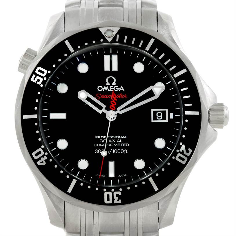 The image shows a front view of an Omega Seamaster 212.30.41.20.01.001 Men
s Stainless Steel Black Dial 212.30.41.20.01.001 Men
s Stainless Steel Black Dial watch, highlighting the dial, bezel, and bracelet.