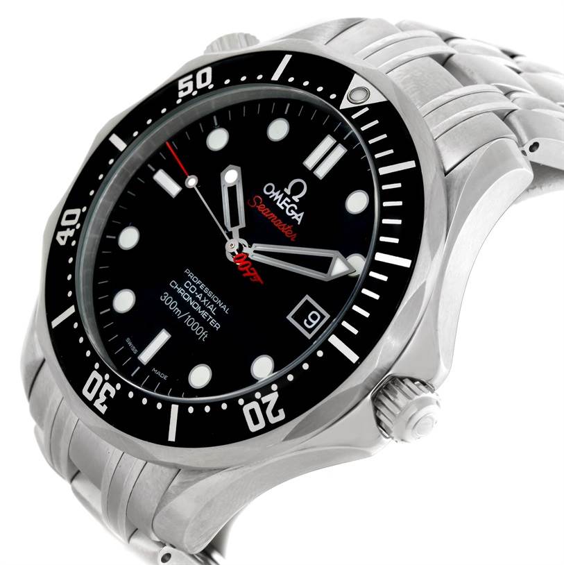 This image shows an angled close-up of the Omega Seamaster 212.30.41.20.01.001 Men
s Stainless Steel Black Dial 212.30.41.20.01.001 Men
s Stainless Steel Black Dial watch, highlighting the bezel, dial, crown, and bracelet.