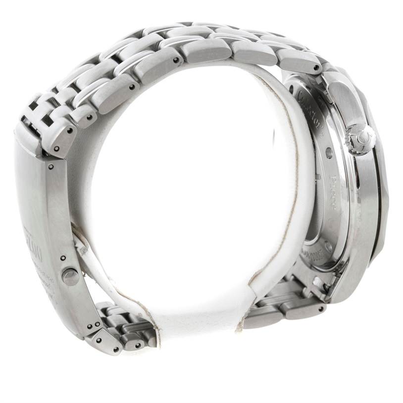 The image shows a side view of the Omega Seamaster 212.30.41.20.01.001 Men
s Stainless Steel Black Dial 212.30.41.20.01.001 Men
s Stainless Steel Black Dial watch, highlighting the bracelet, clasp, case back, and crown.