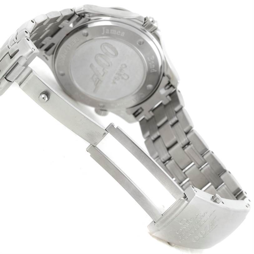 The image shows the back case and partially opened bracelet clasp of an Omega Seamaster 212.30.41.20.01.001 Men
s Stainless Steel Black Dial 212.30.41.20.01.001 Men
s Stainless Steel Black Dial watch.