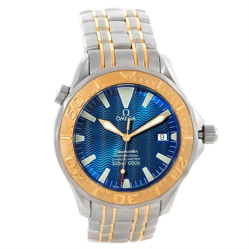 The image shows a front view of the Omega Seamaster 2455.80.00 Men
s Stainless Steel Blue Dial 2455.80.00 Men
s Stainless Steel Blue Dial watch, highlighting its blue dial, gold bezel, and two-tone bracelet.