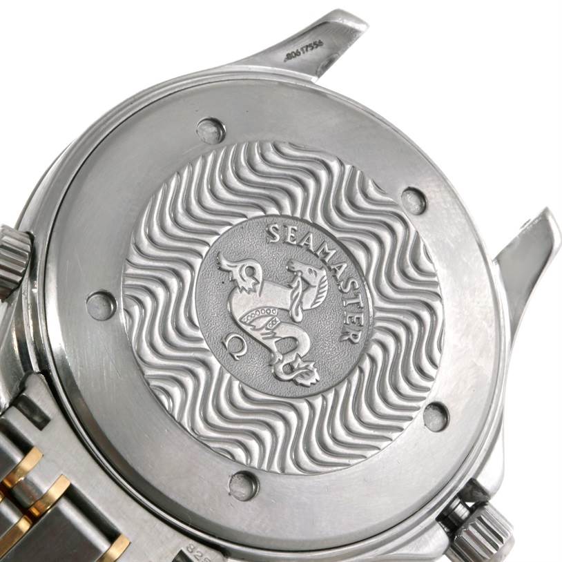 This image shows the back case and part of the bracelet of an Omega Seamaster 2455.80.00 Men
s Stainless Steel Blue Dial 2455.80.00 Men
s Stainless Steel Blue Dial watch at a slight angle.