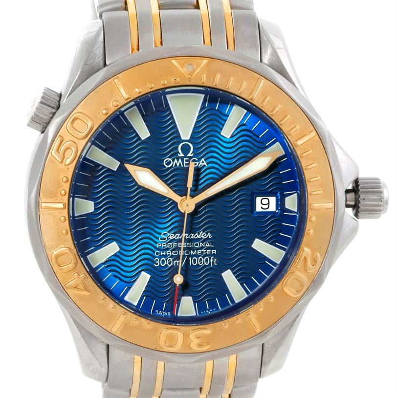 This Omega Seamaster 2455.80.00 Men
s Stainless Steel Blue Dial 2455.80.00 Men
s Stainless Steel Blue Dial watch is shown from the front, displaying the blue dial, gold bezel, and steel two-tone band.