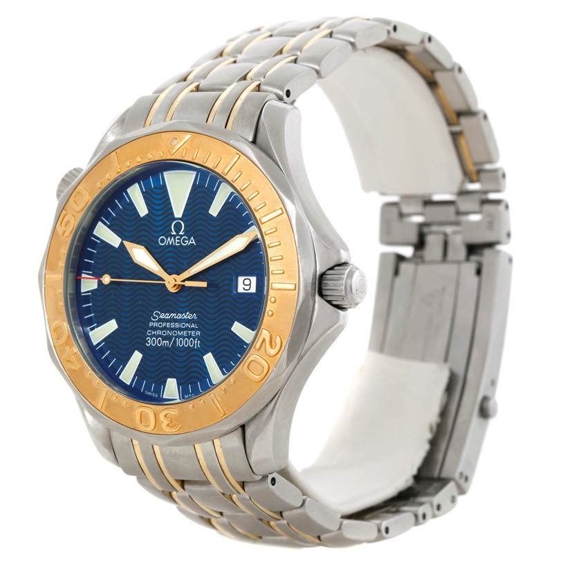 The image shows a front-angle view of an Omega Seamaster 2455.80.00 Men
s Stainless Steel Blue Dial 2455.80.00 Men
s Stainless Steel Blue Dial watch, highlighting its blue dial, two-tone bezel, and metal bracelet.