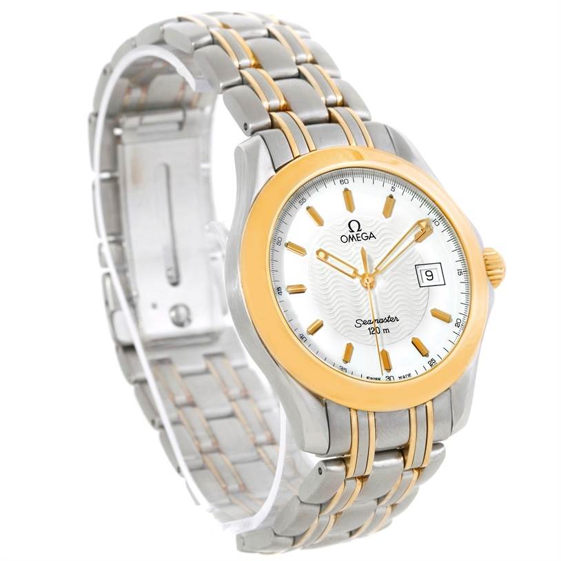 The Omega Seamaster 2311.21.00 Men's Steel and Gold (two tone) White Dial 2311.21.00 Men's Steel and Gold (two tone) White Dial watch is shown from an angled perspective, highlighting the dial, bezel, and bracelet.