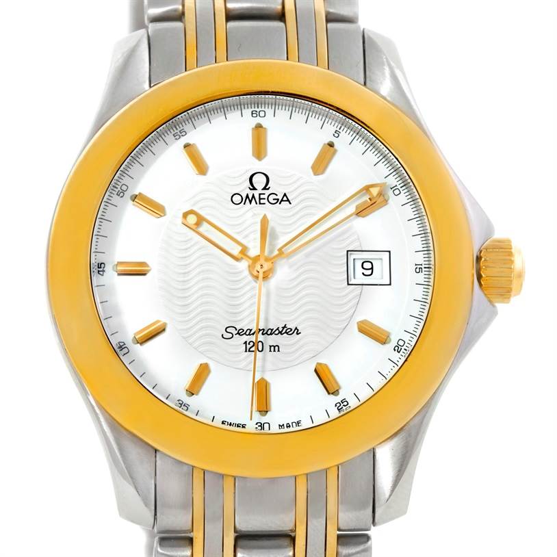 The image shows a front view of the Omega Seamaster 2311.21.00 Men's Steel and Gold (two tone) White Dial 2311.21.00 Men's Steel and Gold (two tone) White Dial watch, highlighting the dial, bezel, crown, and part of the bracelet.