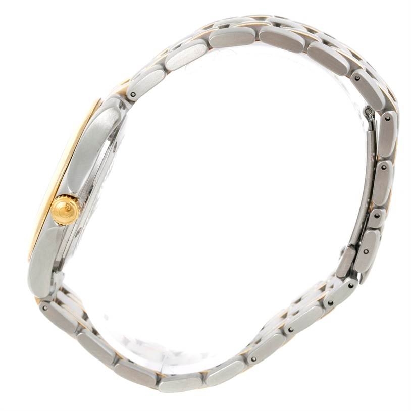 The image shows a side view of an Omega Seamaster 2311.21.00 Men's Steel and Gold (two tone) White Dial 2311.21.00 Men's Steel and Gold (two tone) White Dial watch, highlighting the crown and the metal bracelet.