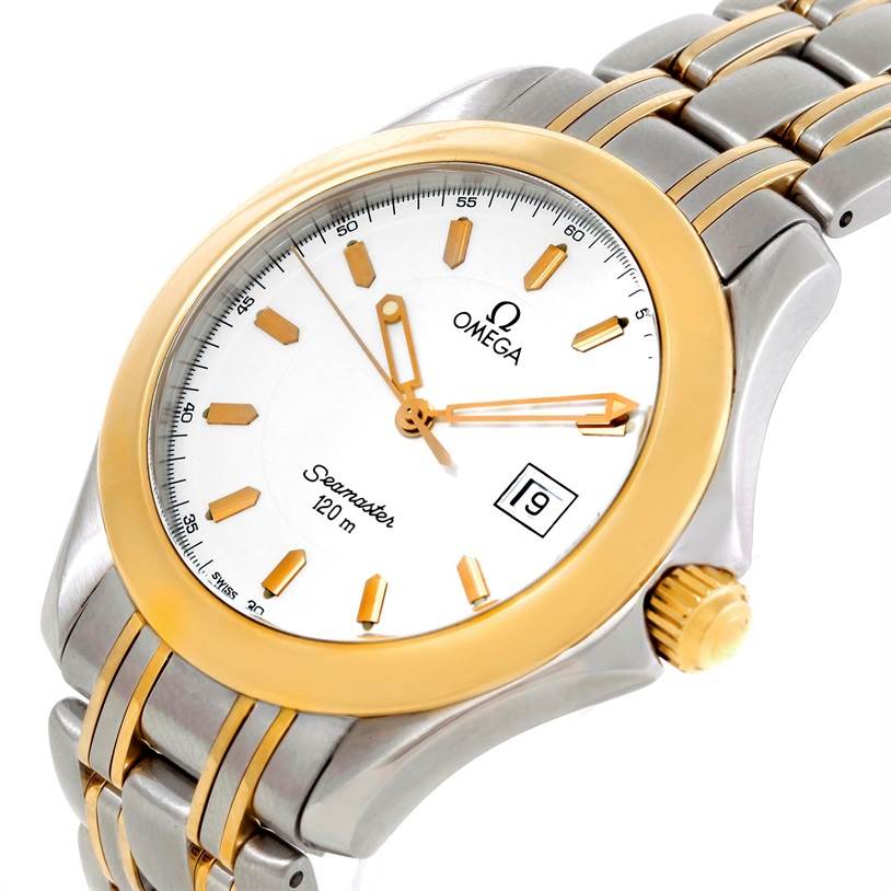 The image shows a close-up of the Omega Seamaster 2311.21.00 Men's Steel and Gold (two tone) White Dial 2311.21.00 Men's Steel and Gold (two tone) White Dial watch dial, bezel, and part of the bracelet from a slight angle.