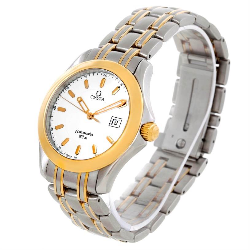 The image shows an angled view of an Omega Seamaster 2311.21.00 Men's Steel and Gold (two tone) White Dial 2311.21.00 Men's Steel and Gold (two tone) White Dial watch displaying its face, bezel, crown, bracelet, and clasp.