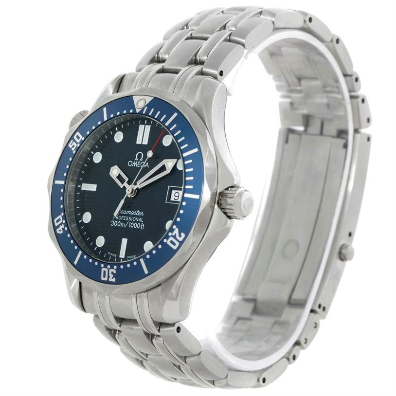 The Omega Seamaster 2561.80.00 Men's Stainless Steel Blue Dial 2561.80.00 Men's Stainless Steel Blue Dial watch is shown at an angled view highlighting the face, bezel, crown, and part of the bracelet.