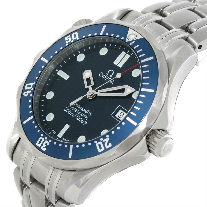 The image shows a side angle of the Omega Seamaster 2561.80.00 Men's Stainless Steel Blue Dial 2561.80.00 Men's Stainless Steel Blue Dial watch, highlighting its bezel, crown, dial, and part of the bracelet.