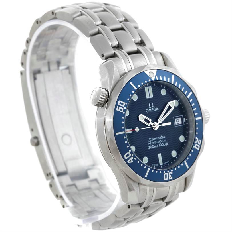The image shows an angled view of the Omega Seamaster 2561.80.00 Men's Stainless Steel Blue Dial 2561.80.00 Men's Stainless Steel Blue Dial watch including its face, bezel, crown, and part of the bracelet.