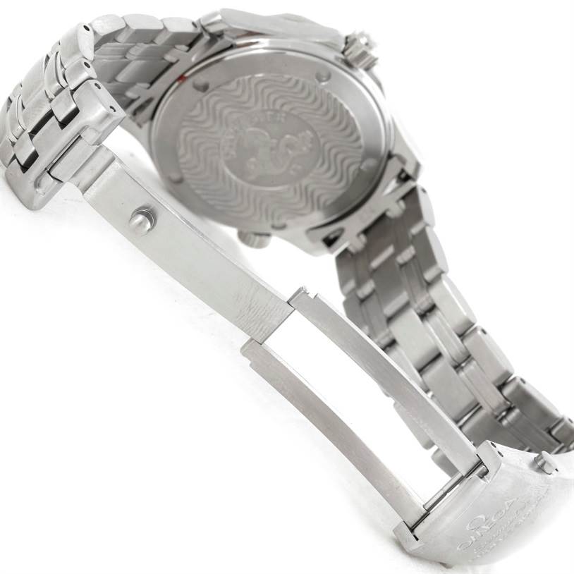 The image shows the back and bracelet clasp of an Omega Seamaster 2561.80.00 Men's Stainless Steel Blue Dial 2561.80.00 Men's Stainless Steel Blue Dial watch at an angled view.