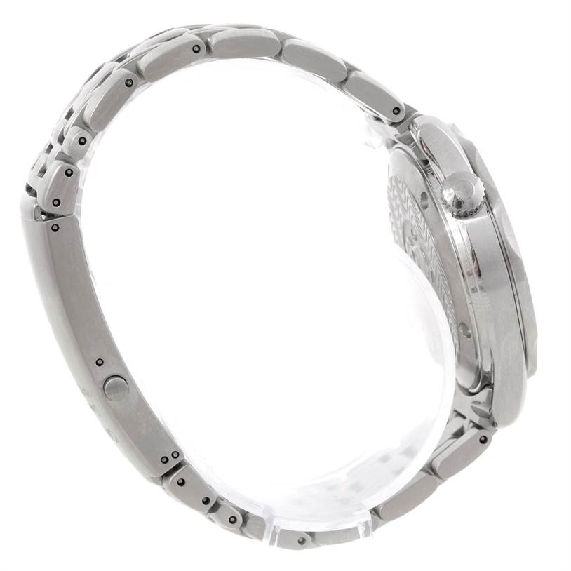 The image shows a side view of an Omega Seamaster 2561.80.00 Men's Stainless Steel Blue Dial 2561.80.00 Men's Stainless Steel Blue Dial watch, highlighting its metal bracelet, case, and crown.