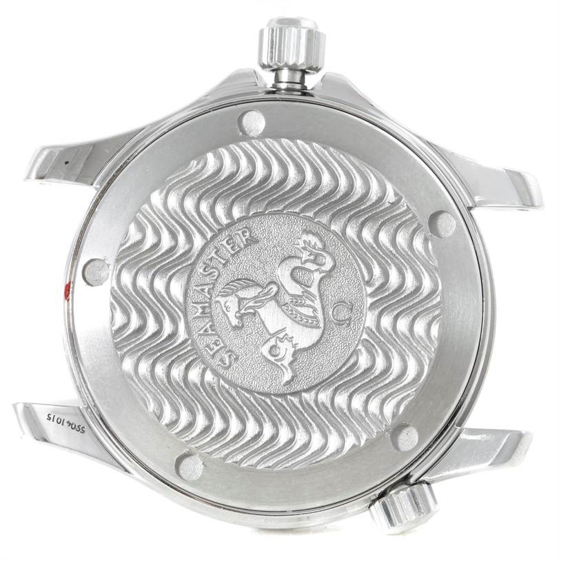 The image shows the back view of an Omega Seamaster 2561.80.00 Men's Stainless Steel Blue Dial 2561.80.00 Men's Stainless Steel Blue Dial watch case, including its crown and engraved case back.