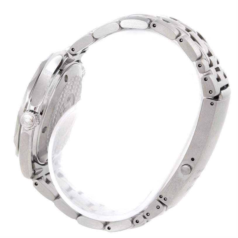 This image shows a side profile of the Omega Seamaster 2561.80.00 Men's Stainless Steel Blue Dial 2561.80.00 Men's Stainless Steel Blue Dial watch, highlighting the bracelet and case with the crown visible.