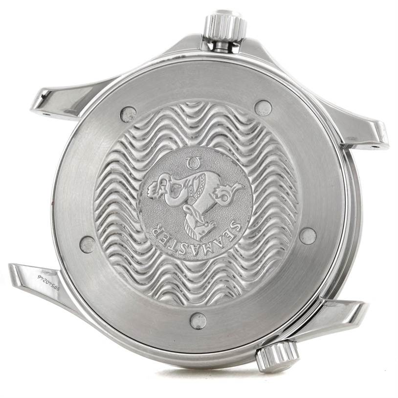 The image shows the back case of an Omega Seamaster 2264.50.00 Men's Stainless Steel Black Dial 2264.50.00 Men's Stainless Steel Black Dial watch, featuring engraved detailing and the Omega branding.