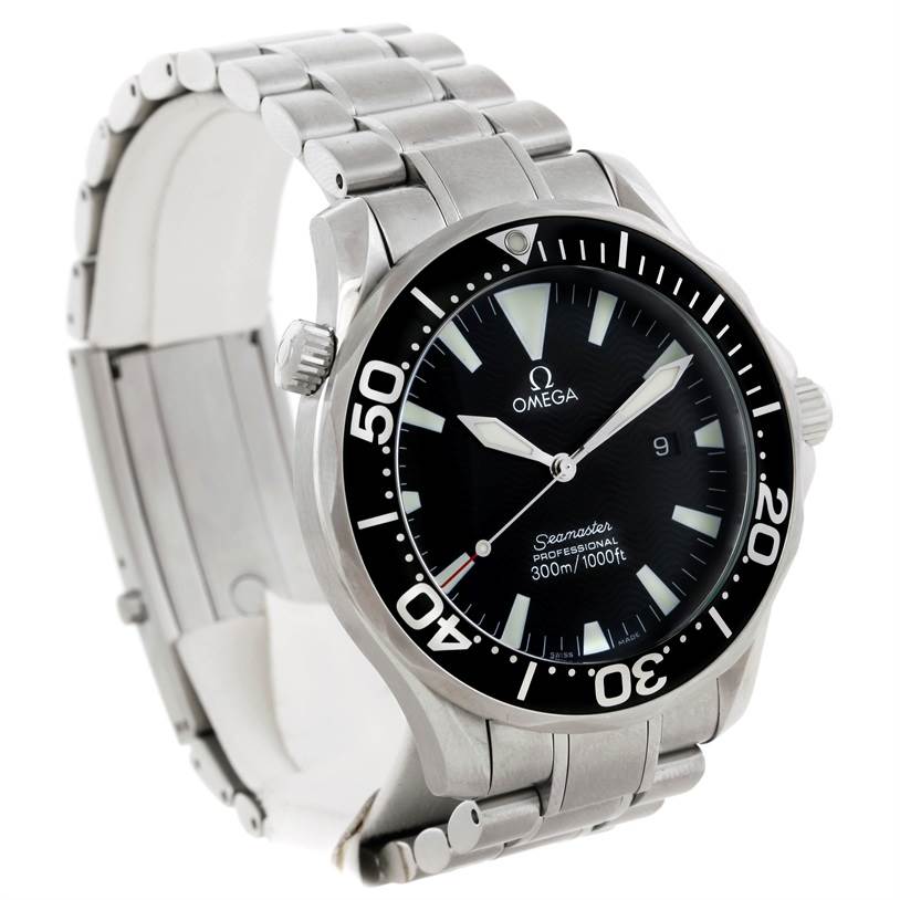 The Omega Seamaster 2264.50.00 Men's Stainless Steel Black Dial 2264.50.00 Men's Stainless Steel Black Dial watch is shown from a front angle, highlighting the bezel, dial, hands, and stainless steel bracelet.