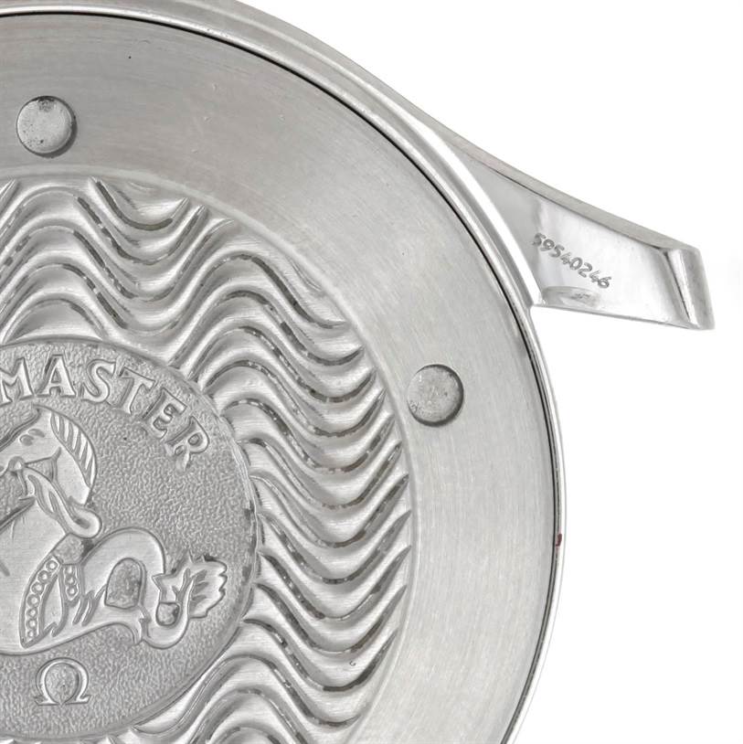 The image shows the back case of an Omega Seamaster 2264.50.00 Men's Stainless Steel Black Dial 2264.50.00 Men's Stainless Steel Black Dial watch, featuring the engraved logo and model details.