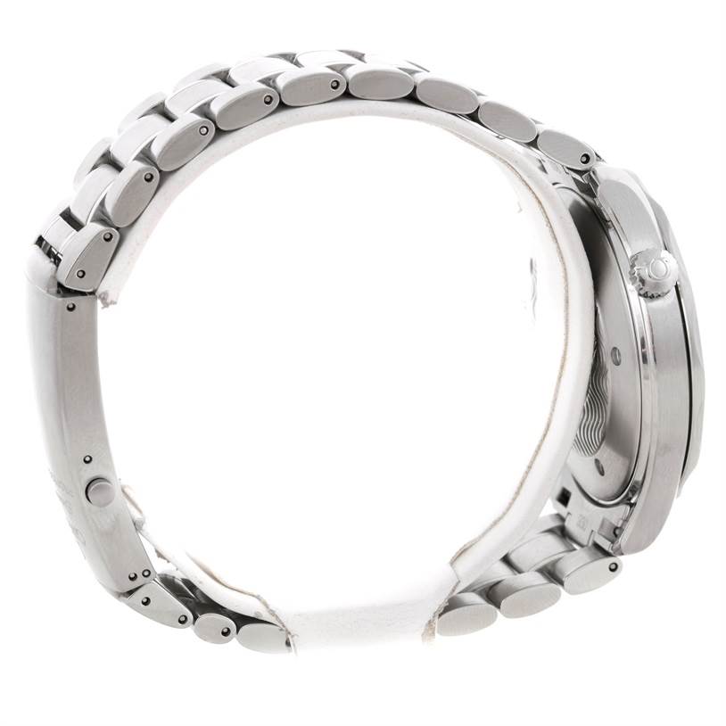 A side view of the Omega Seamaster 2264.50.00 Men's Stainless Steel Black Dial 2264.50.00 Men's Stainless Steel Black Dial watch showcasing its metallic bracelet, case, and crown.