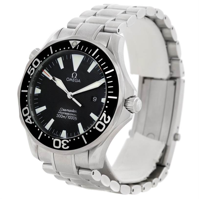 This Omega Seamaster 2264.50.00 Men's Stainless Steel Black Dial 2264.50.00 Men's Stainless Steel Black Dial watch is shown at an angle highlighting its black dial, bezel, case, crown, and stainless steel bracelet.