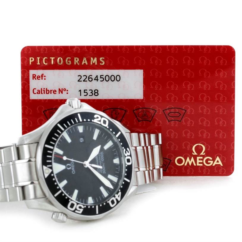 The image shows an Omega Seamaster 2264.50.00 Men's Stainless Steel Black Dial 2264.50.00 Men's Stainless Steel Black Dial watch partially at an angle, accompanied by its red authenticity card.
