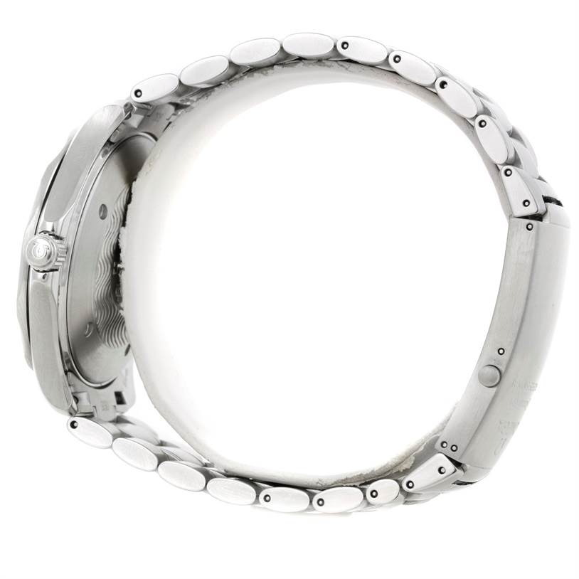 This image shows a side view of the Omega Seamaster 2264.50.00 Men's Stainless Steel Black Dial 2264.50.00 Men's Stainless Steel Black Dial watch focusing on the bracelet and case back.