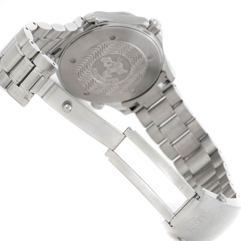 The image shows the back case and bracelet with the clasp of an Omega Seamaster 2264.50.00 Men's Stainless Steel Black Dial 2264.50.00 Men's Stainless Steel Black Dial watch at an angled view.