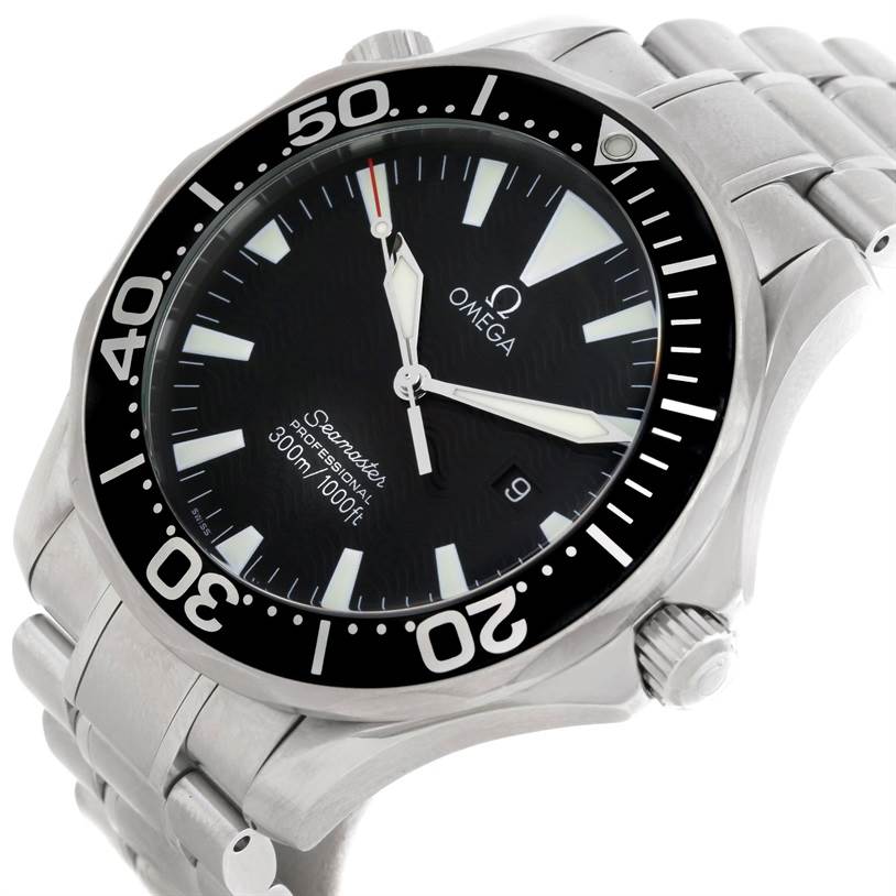 This Omega Seamaster 2264.50.00 Men's Stainless Steel Black Dial 2264.50.00 Men's Stainless Steel Black Dial watch is shown from a front angle, displaying the dial, bezel, and part of the bracelet.