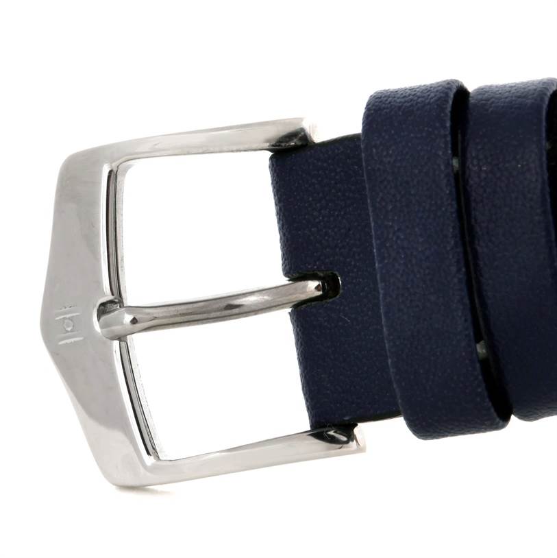 The image shows a close-up of the buckle and leather strap of an Omega Seamaster 2255.80.00 Men's Stainless Steel Blue Dial 2255.80.00 Men's Stainless Steel Blue Dial watch.