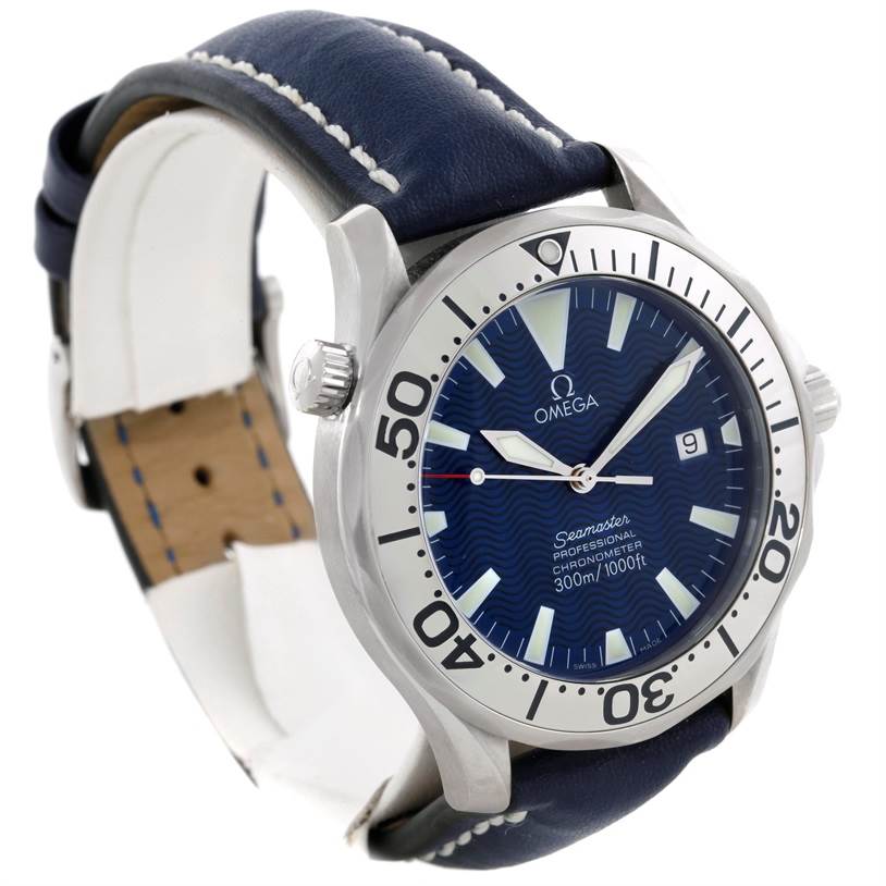 The image shows a side angle of the Omega Seamaster 2255.80.00 Men's Stainless Steel Blue Dial 2255.80.00 Men's Stainless Steel Blue Dial watch, highlighting the bezel, dial, hands, crown, and blue strap.