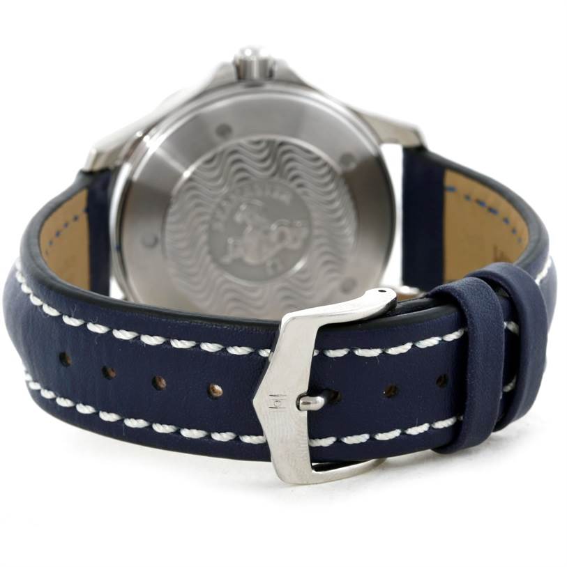 The image shows the backside of an Omega Seamaster 2255.80.00 Men's Stainless Steel Blue Dial 2255.80.00 Men's Stainless Steel Blue Dial watch, highlighting the case back and blue leather strap with a buckle.