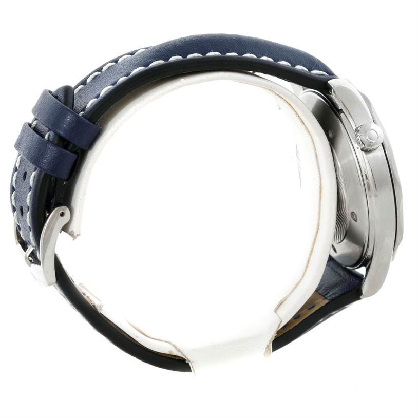 The image shows a side view of a Seamaster model by Omega, highlighting the band and side case with the crown.