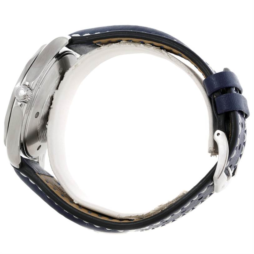 The image displays a side view of an Omega Seamaster 2255.80.00 Men's Stainless Steel Blue Dial 2255.80.00 Men's Stainless Steel Blue Dial watch, highlighting the crown, case, and leather strap with a buckle.