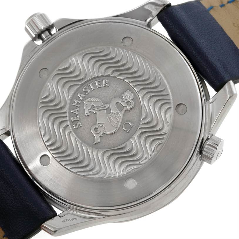The image shows the back case and strap of an Omega Seamaster 2255.80.00 Men's Stainless Steel Blue Dial 2255.80.00 Men's Stainless Steel Blue Dial watch, highlighting the engraved logo and design.