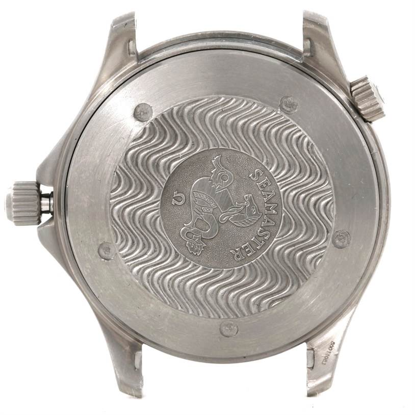 The image shows the back case of an Omega Seamaster 2031.50.00 Men's Titanium Black Dial 2031.50.00 Men's Titanium Black Dial watch, with the logo and wave pattern visible.