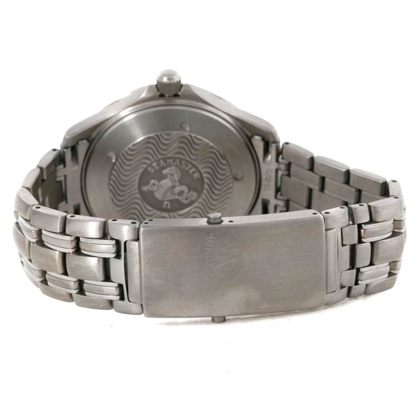 The image shows the back case and bracelet of an Omega Seamaster 2031.50.00 Men's Titanium Black Dial 2031.50.00 Men's Titanium Black Dial watch, viewed from the side opposite the face.