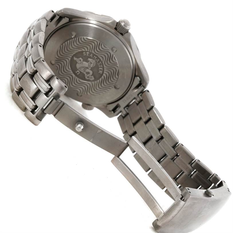 The image shows the back and bracelet of an Omega Seamaster 2031.50.00 Men's Titanium Black Dial 2031.50.00 Men's Titanium Black Dial watch, with its clasp open.