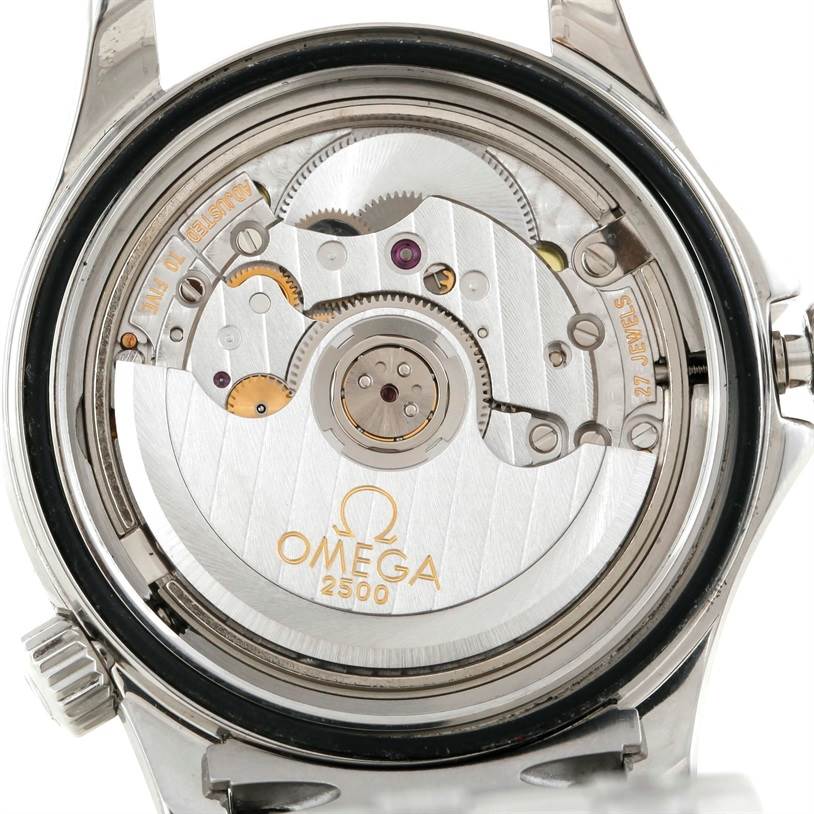 The image shows the back of the Omega Seamaster 2222.80.00 Men's Stainless Steel Blue Dial 2222.80.00 Men's Stainless Steel Blue Dial, displaying its intricate mechanical movement and inner components.