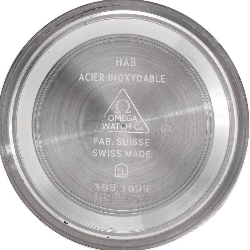 This image shows the interior back case of an Omega Seamaster 2222.80.00 Men's Stainless Steel Blue Dial 2222.80.00 Men's Stainless Steel Blue Dial watch, highlighting various engravings and model details.