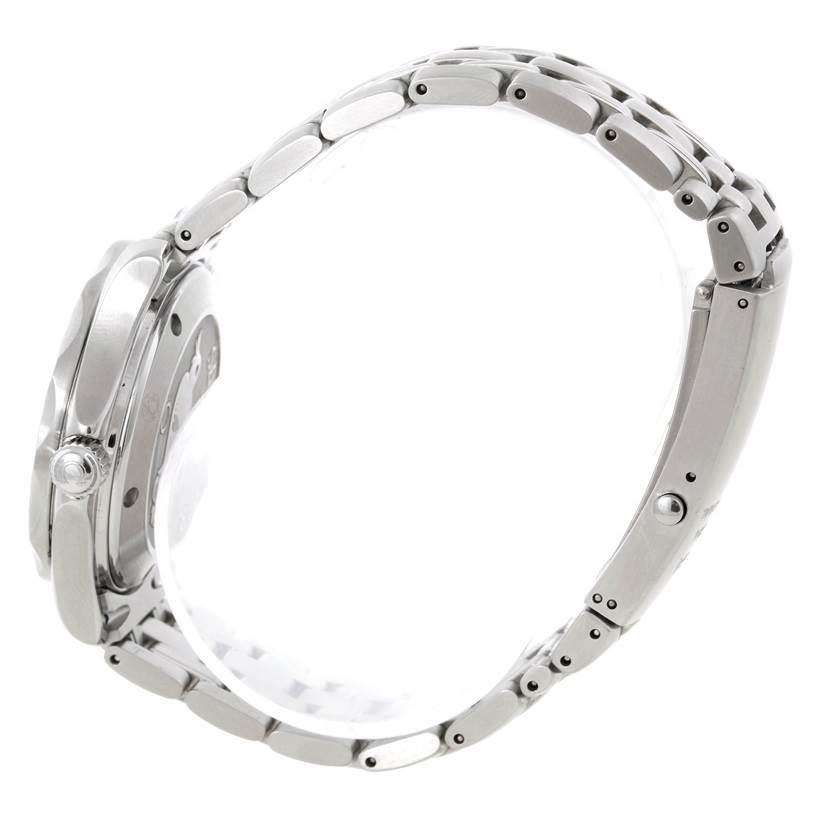 The image shows a side profile view of an Omega Seamaster 2222.80.00 Men's Stainless Steel Blue Dial 2222.80.00 Men's Stainless Steel Blue Dial watch with its metal bracelet and crown clearly visible.