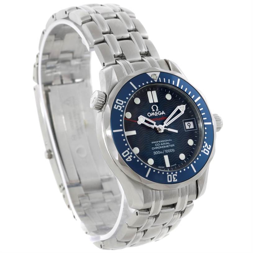 The image shows an angled view of an Omega Seamaster 2222.80.00 Men's Stainless Steel Blue Dial 2222.80.00 Men's Stainless Steel Blue Dial watch, highlighting its face, bezel, and stainless steel bracelet.