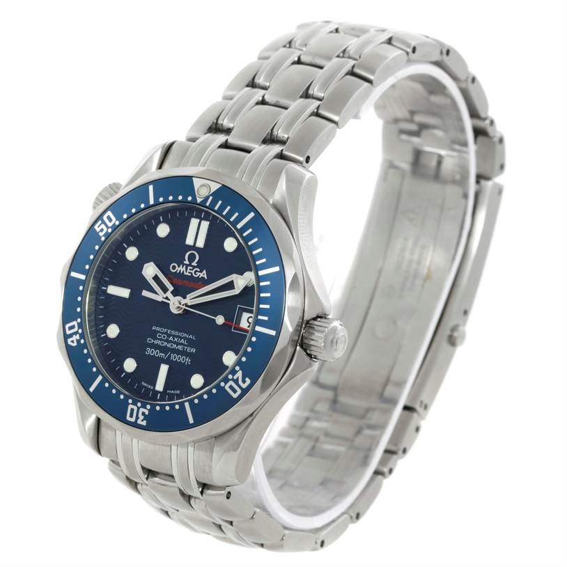 The image shows a side-angle view of an Omega Seamaster 2222.80.00 Men's Stainless Steel Blue Dial 2222.80.00 Men's Stainless Steel Blue Dial watch, displaying the face, bezel, crown, and stainless steel bracelet.