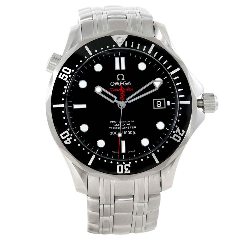 The image shows a front view of the Omega Seamaster 212.30.41.20.01.001 Men
s Stainless Steel Black Dial 212.30.41.20.01.001 Men
s Stainless Steel Black Dial watch, highlighting the dial, bezel, and bracelet.