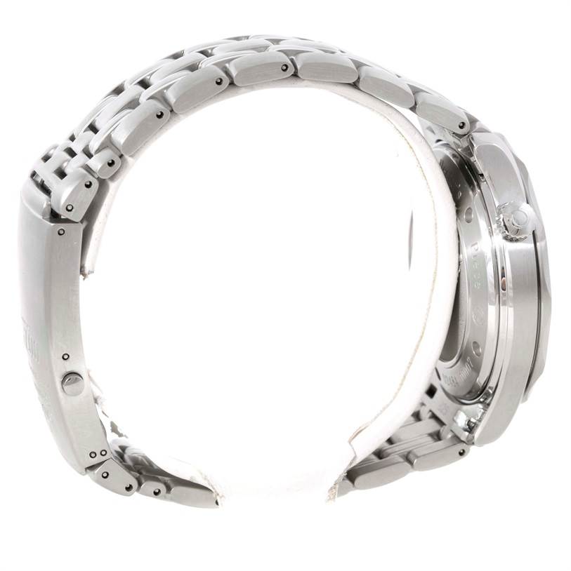 The image shows a side view of an Omega Seamaster 212.30.41.20.01.001 Men
s Stainless Steel Black Dial 212.30.41.20.01.001 Men
s Stainless Steel Black Dial watch, highlighting the stainless steel bracelet and case back.