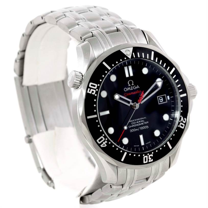 The image shows a front-angle view of the Omega Seamaster 212.30.41.20.01.001 Men
s Stainless Steel Black Dial 212.30.41.20.01.001 Men
s Stainless Steel Black Dial watch, highlighting its dial, bezel, crown, and metal bracelet.