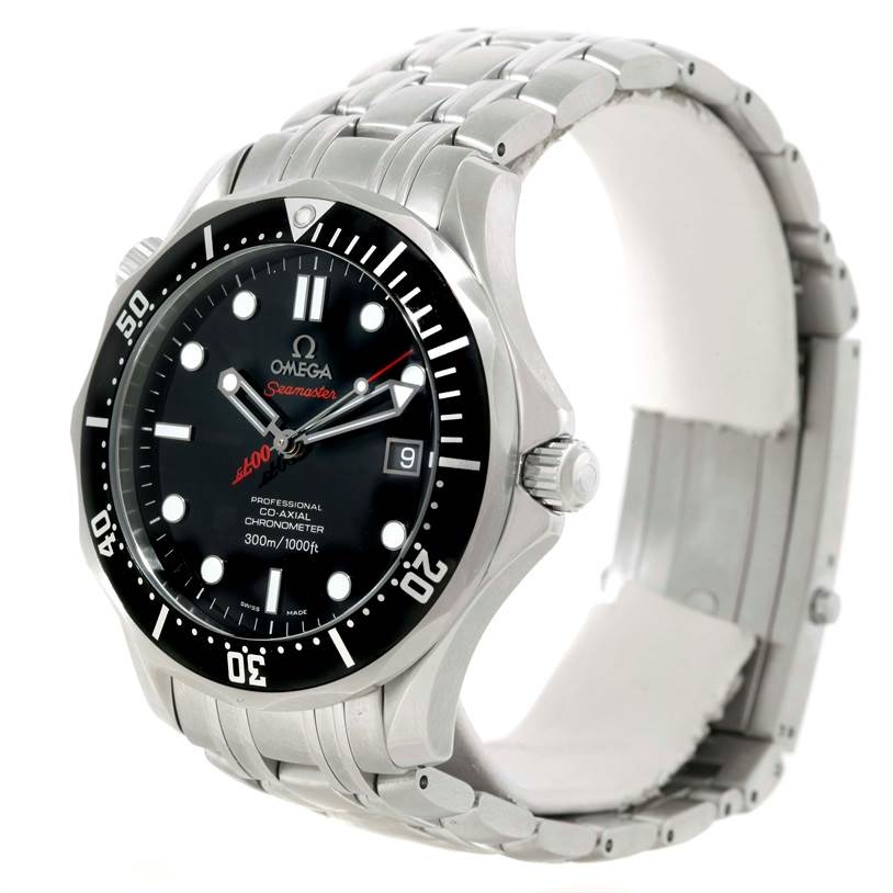 The image shows an Omega Seamaster 212.30.41.20.01.001 Men
s Stainless Steel Black Dial 212.30.41.20.01.001 Men
s Stainless Steel Black Dial watch from a front, right-side angle, highlighting its face, bezel, and bracelet.