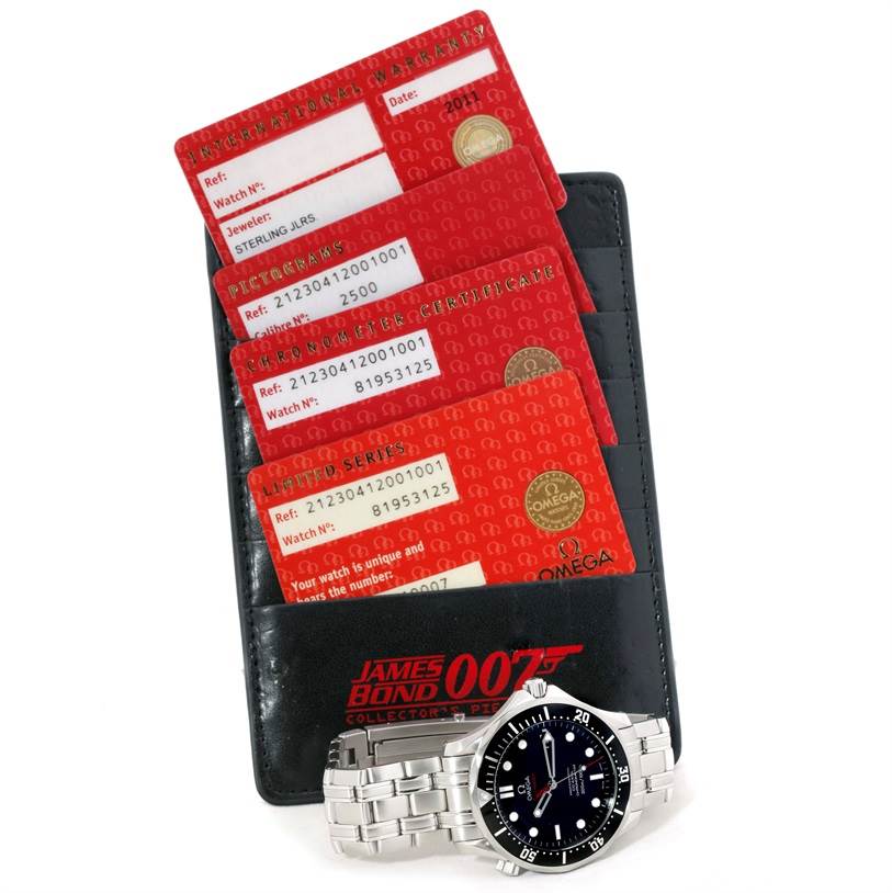 The image shows an Omega Seamaster 212.30.41.20.01.001 Men
s Stainless Steel Black Dial 212.30.41.20.01.001 Men
s Stainless Steel Black Dial watch and its certification cards at an angle facing upward.