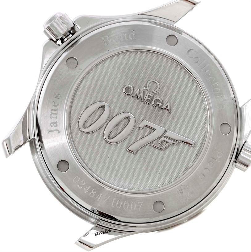The image shows the case back of an Omega Seamaster 212.30.41.20.01.001 Men
s Stainless Steel Black Dial 212.30.41.20.01.001 Men
s Stainless Steel Black Dial watch with "007" and branding engraved.