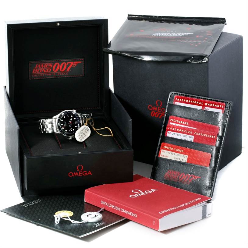 The image shows an Omega Seamaster 212.30.41.20.01.001 Men
s Stainless Steel Black Dial 212.30.41.20.01.001 Men
s Stainless Steel Black Dial watch with its box, warranty cards, operating instructions, and packaging.